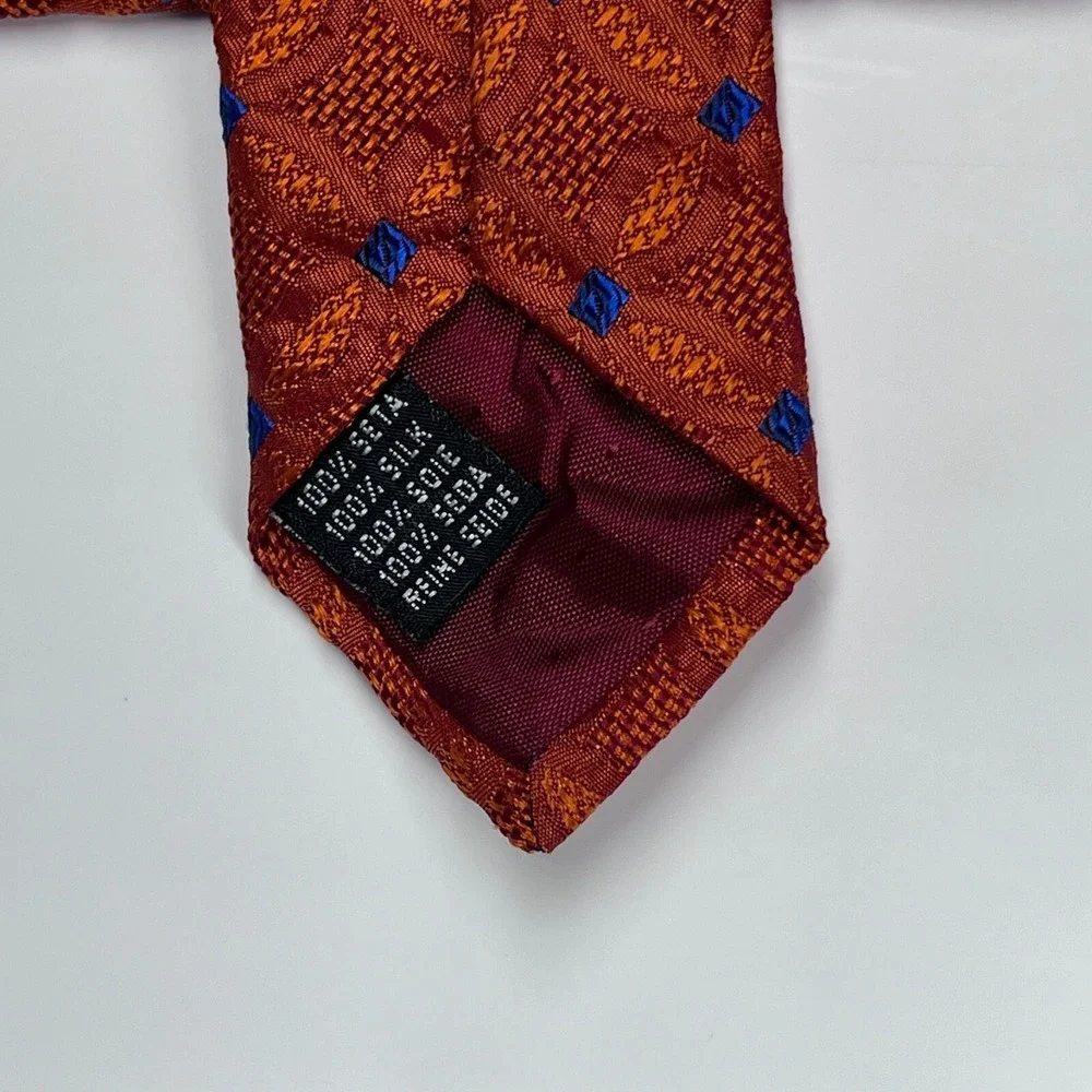 The‎ Player Silk Men's Necktie Orange Jacquard Geometric Blue Diamonds Italy